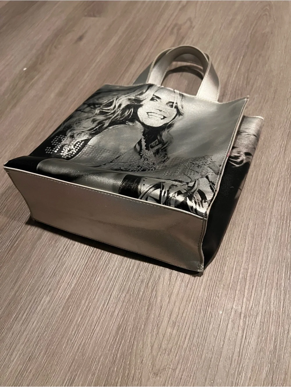 Victoria's Secret Silver Tote with Pink Interior and Photo Print